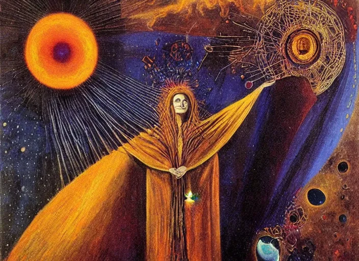 Image similar to a shaman woman holding up the cosmic!!! universe!, by remedios varo, reflection, symbolist!, psychedelic colors, dramatic lighting, smooth, sharp focus, extremely detailed, aesthetically pleasing composition