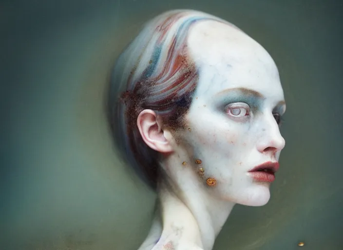 Image similar to cinestill 5 0 d photo portrait of a beautiful woman in style of tim walker by roberto ferri, body skin in part weird marble, hair is intricate liquid metal, 1 5 0 mm lens, f 1. 2, sharp focus, ethereal, emotionally evoking, head in focus, bokeh volumetric lighting, tonal colors outdoor