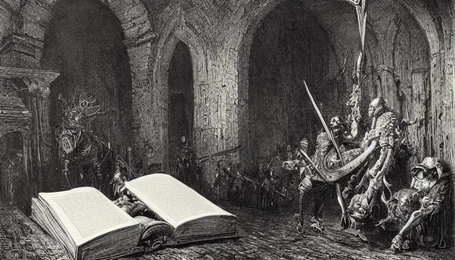 Image similar to big open book, open book page, don quixote left the book, cinematic romantic magical masterpiece by gene wolfe, highly detailed painting by gustave dore