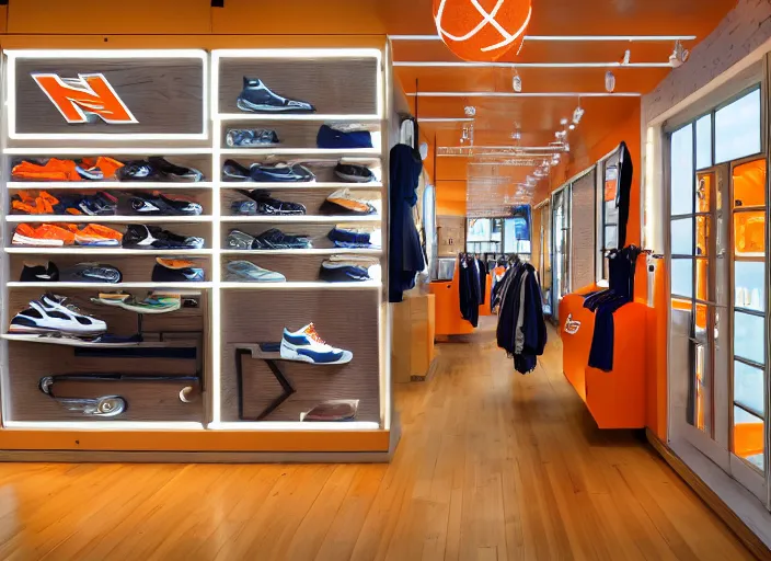 Image similar to New Balance Pop Up store, orange details, wood interior of staten ferry, nautical windows, cinematic lighting