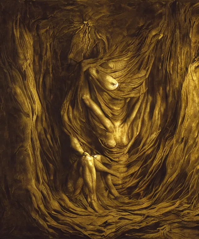 Image similar to The room without doors and windows with beautiful full-body wax sculpture of the glowing woman with visible golden bones inside her in the singularity where stars becoming baroque folds of dark matter by Michelangelo da Caravaggio, Nicola Samori, William Blake, Alex Grey and Beksinski, dramatic volumetric lighting, detailed oil painting, 8k, masterpiece