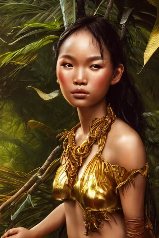 Prompt: stunningly beautiful, filipina dancer in jungle, symmetrical face, golden hour, smooth, focus, highly detailed, hyper realistic, dramatic lighting, elegant, intricate, concept art, art by wlop, mars ravelo, greg rutowski, artstation