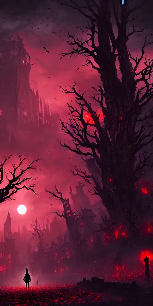 Image similar to abandoned bloodborne old valley with a person at the centre and a ruined city at the end, trees and stars in the background, falling red petals, epic red - orange moonlight, perfect lightning, illustration by niko delort and kentaro miura, 4 k, ultra realistic