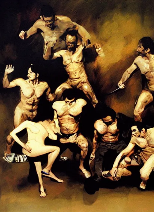 Image similar to iasip the gang painting by phil hale, francisco goya,'action lines '!!!, graphic style, visible brushstrokes, motion blur, blurry, hd image