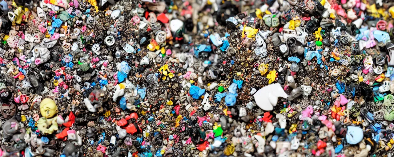 Image similar to a close up of a piece of plastiglomerate made from warhammer figures and korean beauty face masks, photographic, highly detailed