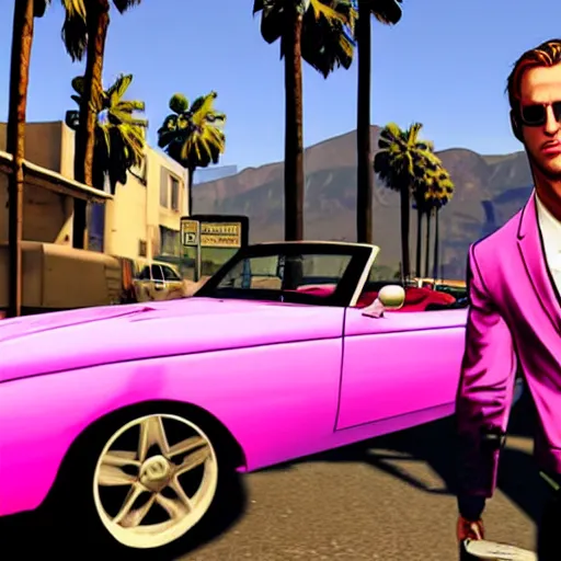 Image similar to gta v covert art by stephen bliss of ryan gosling wearing aviator sunglesses near a pink convertible car