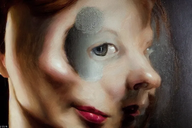 Prompt: hyperrealism, portrait of woman through the broken melting mirrors reflections, soft light, in style of classicism