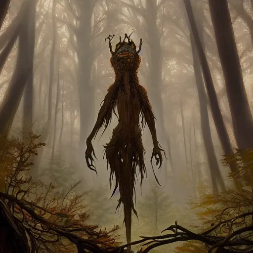 Image similar to highly detailed creepy forest humanoide creature in robes, stephen bliss, unreal engine, fantasy art by greg rutkowski, loish, rhads, ferdinand knab, makoto shinkai and lois van baarle, ilya kuvshinov, rossdraws, tom bagshaw, global illumination, radiant light, detailed and intricate environment