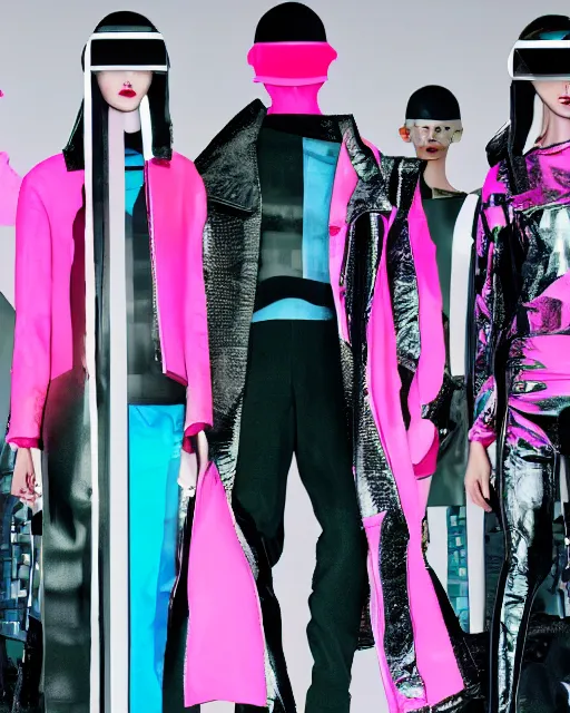 Prompt: an award winning fashion photograph for Balenciaga's cyberpunk Bladerunner 2049 fall line, dazzle camouflage!, dayglo pink, dayglo blue, raven black