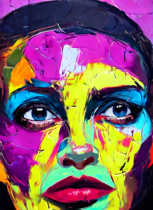 Prompt: an expressive oil portrait painting of a woman's face by francoise nielly. detailed paint strokes. aesthetically pleasing bold colors.