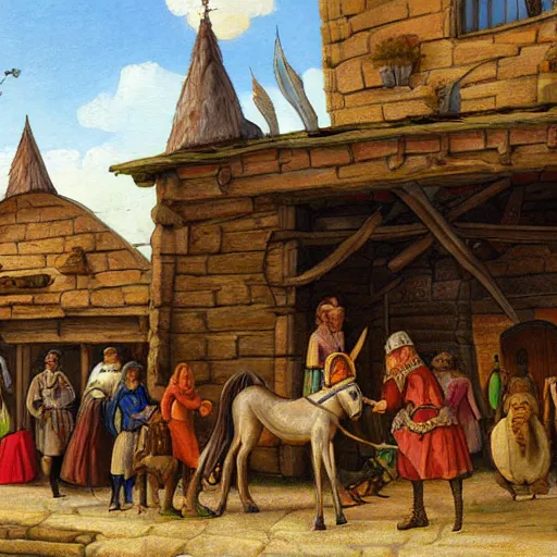 Prompt: a medieval horse market, fantasy art