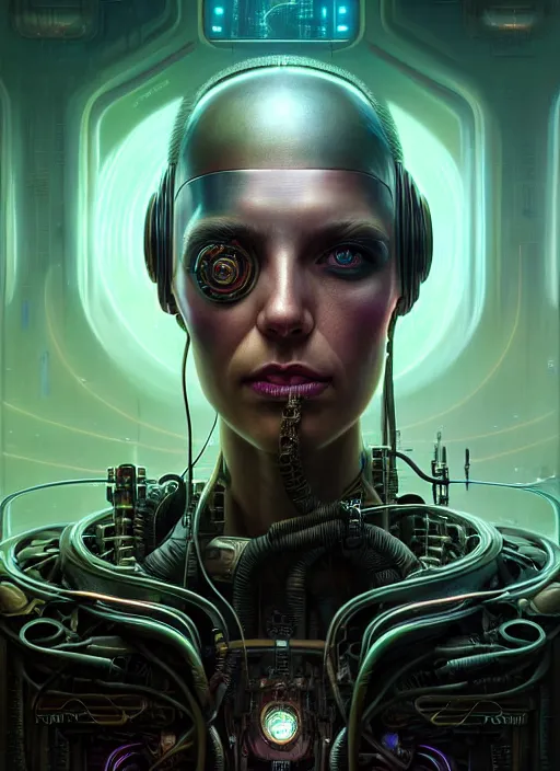 Image similar to closeup portrait of a cyborg in a scenic dystopian neon environment, intricate, elegant, highly detailed, centered, digital painting, artstation, concept art, smooth, sharp focus, illustration, artgerm, tomasz alen kopera, peter mohrbacher, donato giancola, joseph christian leyendecker, wlop,