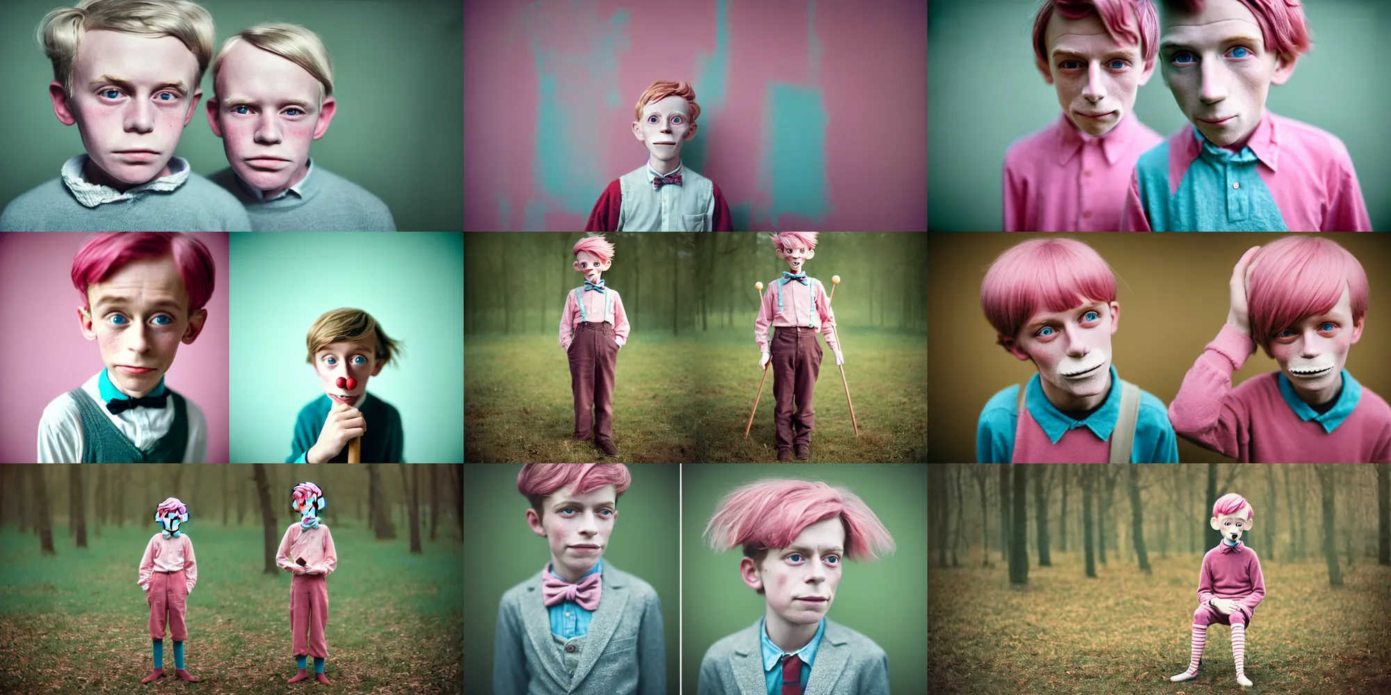 Prompt: kodak portra 4 0 0, 8 k, highly detailed, britt marling style, award winning muted colour portrait of a half 8 year old boy, half wooden pinocchio, ist totally sad, pink, turquoise, motion blur, 1 9 2 0 s hair, 1 9 2 0 cloth style