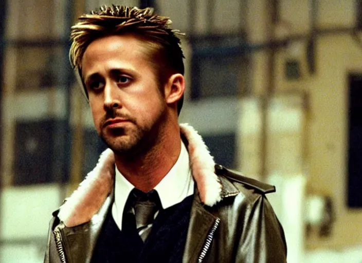 Image similar to film still of Ryan Gosling as Jack wearing feather jacket in Fight Club 1999