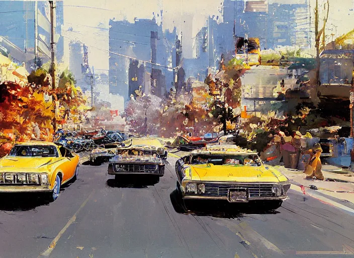 Image similar to 5 hotrods driving down a street , vintage, highly detailed, loose brush strokes, by John Berkey