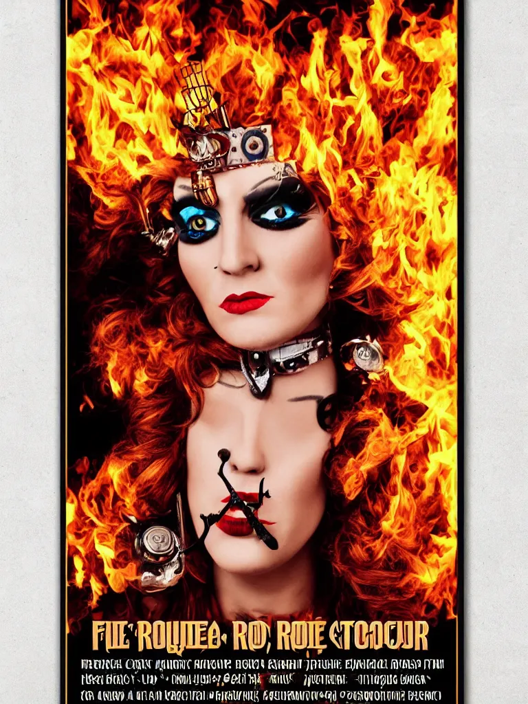 Image similar to propaganda poster for a glam rock star drag queen, fire theme, clockwork steampunk theme, concert poster