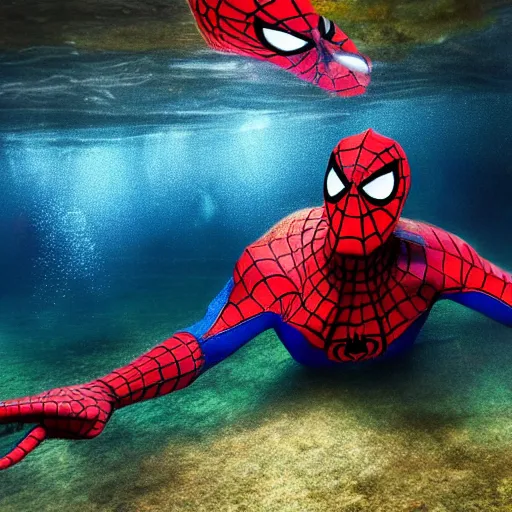 Prompt: underwater shoot photo of Spiderman , high detail , perfect photo