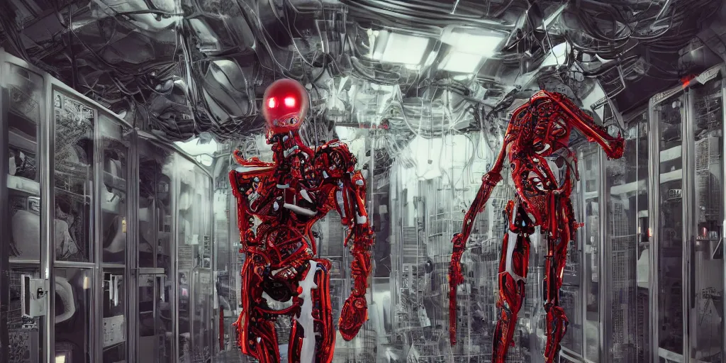 Image similar to cyborg in the data center, wired to the equipmen, red biomechanical details, wearing epic bionic cyborg implants, inflateble shapes, masterpiece, intricate, biopunk, highly detailed, artstation, concept art, cottage core, cinematic focus, polaroid photo, bleached, vintage, high - key lighting, soft lights, foggy, by tarkovsky, 8 k