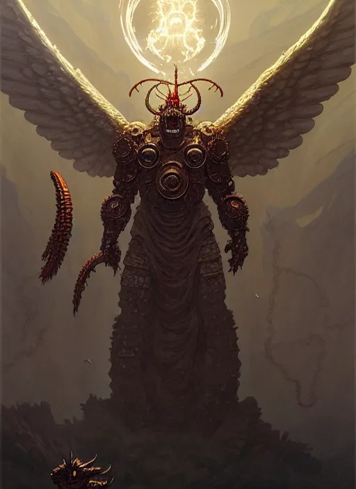 Image similar to masterpiece concept art, rebulon the ancient demon - angel, by greg rutkowski and geof darrow, 8 k, intricate detail, cinematic lighting