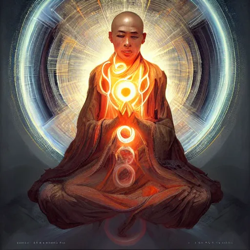 Prompt: meditative monk high detailed figure showing through fractal portal expressive energy swirls and bright glowing aura, deep neutral facial expression body figure, iconic album detailed poster art style by Andres Rios and Greg Rutkowski