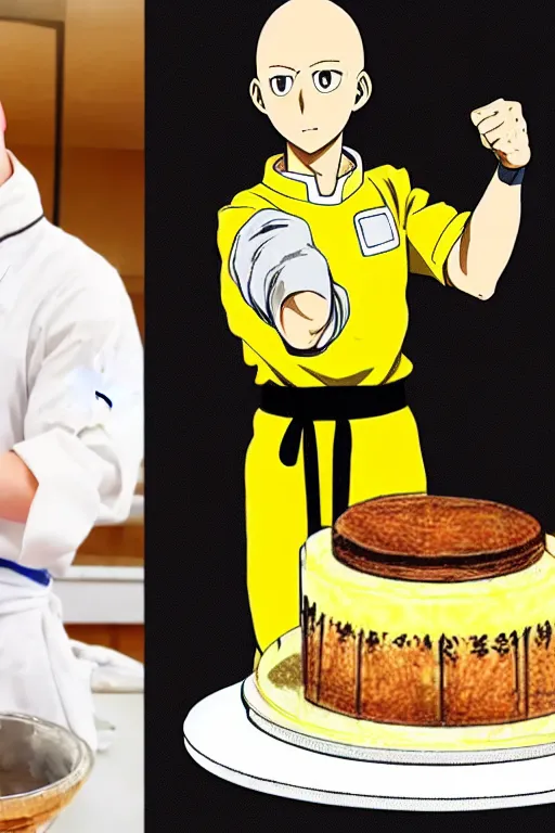 Prompt: chef saitama one punch man, dressed as a pastry chef, making a cake, masterpiece anime artwork