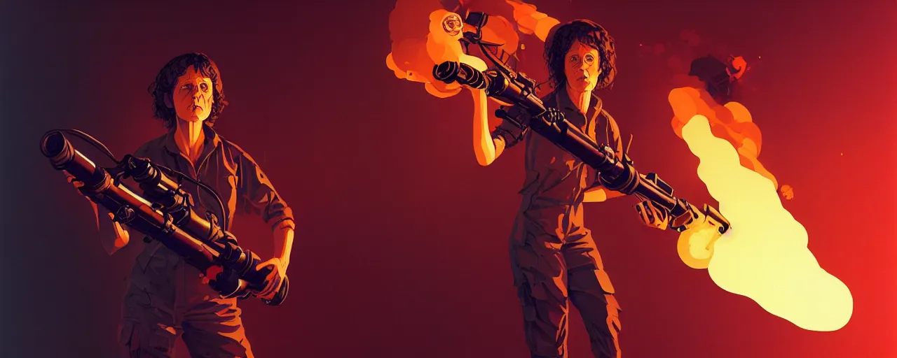 Prompt: duotone dark concept illustration 3 / 4 portrait of ellen ripley with flame thrower. cinematic volumentric lighting space. golden ratio accidental renaissance. by sachin teng and sergey kolesov and ruan jia and heng z. graffiti art, scifi, fantasy, hyper detailed. octane render. concept art. trending on artstation