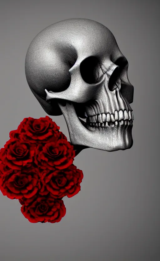 Image similar to skull made of red roses, organic horror, devil, death, giger, epic, baroque, art nouveau, james jean, photorealistic render, 3 ds max, v - ray, extremely detailed and intricate, center composition, elegant, vfx, unreal engine 5, octane render, extremely contrast, extremely sharp lines