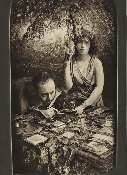 Prompt: old wetplate daguerreotype portrait of creation of time, explosion of data fragments, fractal, intricate, elegant, highly detailed, parallax, leica, medium format, subsurface scattering, portrait, elegant, highly detailed, matte painting, by stanley spencer