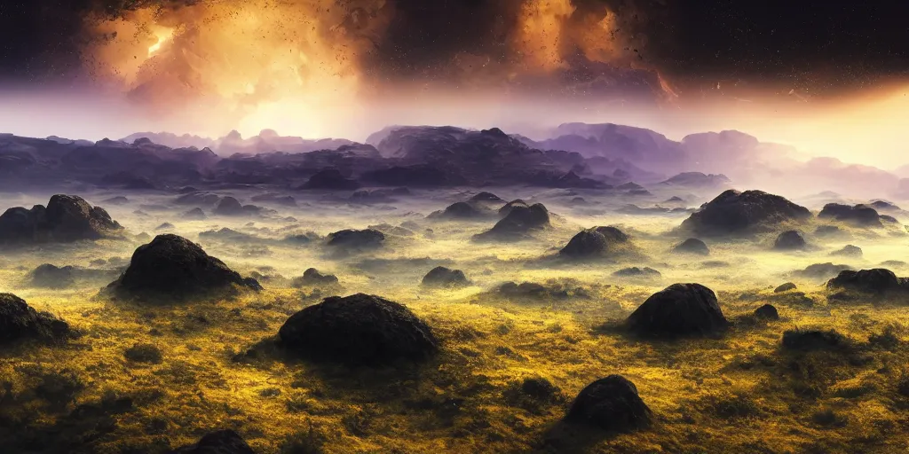 Prompt: A landscape of an alien planet stretching as far as the eye can see, with misty rolling hills on bizarre floating rock formations, vigorous misty mountains, and rainy thunderclouds, raining, landscape photography, landscape imagery, landscape perspective, trending on artstation, artstationHD, artstationHQ, 4k, 8k, yellow color scheme.