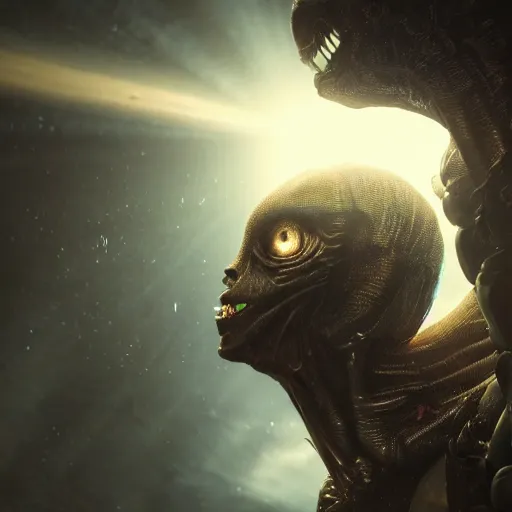 Image similar to a horrified man on a spaceship face to face with an alien from another galaxy, volumetric lighting, 8 k octane beautifully detailed render, post - processing, extremely hyper - detailed, intricate, epic composition, cinematic lighting, masterpiece, trending on artstation, detailed detailed detailed, masterpiece, beautiful cinematic light,