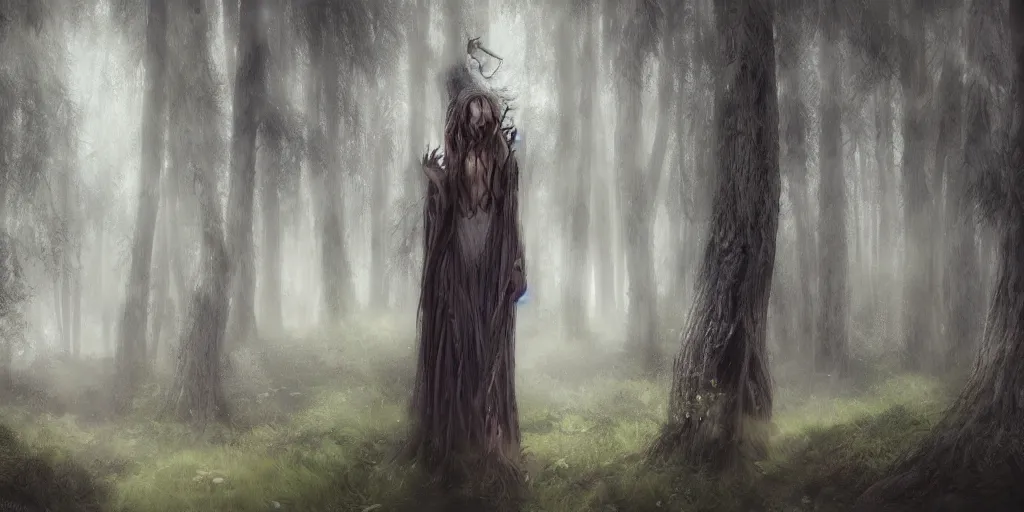 Prompt: a wood spirit in the trees, will o the wisp, photorealistic, by wlop, 4 k resolution h 7 6 8