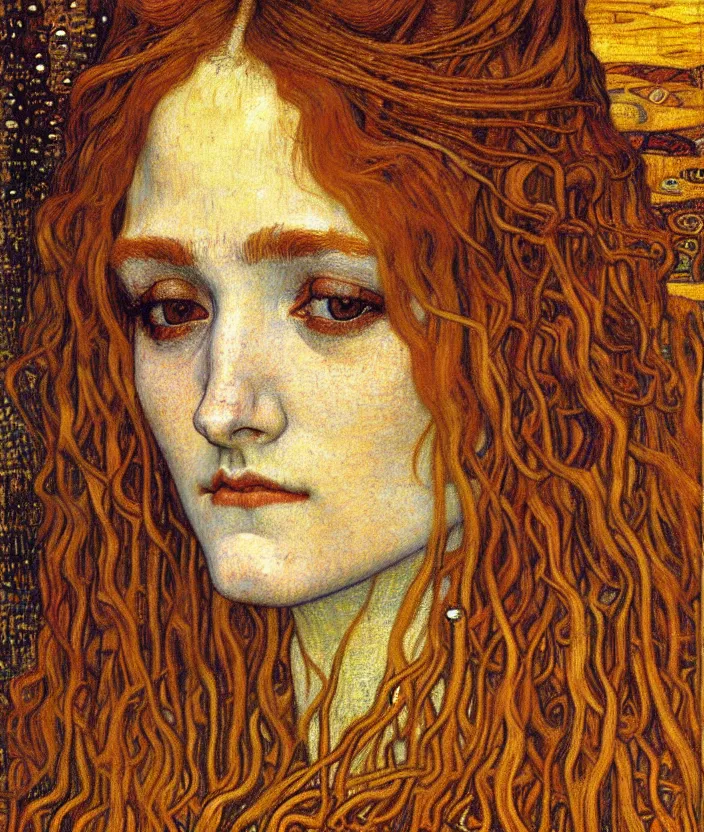 Image similar to detailed realistic beautiful young medieval queen face portrait by jean delville, gustav klimt and vincent van gogh, art nouveau, symbolist, visionary, gothic, pre - raphaelite, muted earthy colors, desaturated