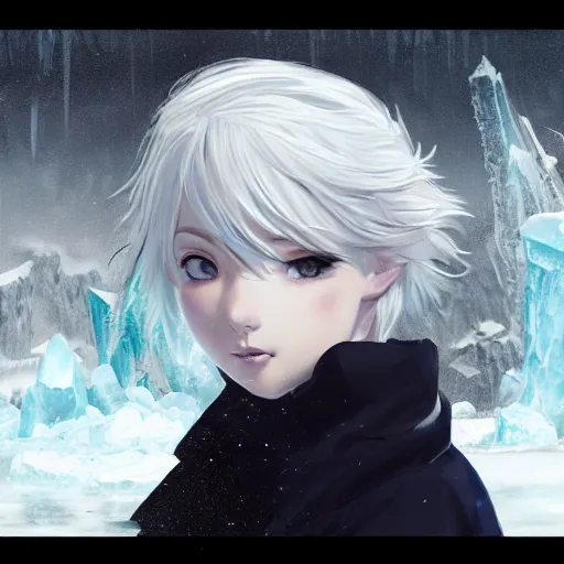 Image similar to white-haired anime girl frozen in an ice floe, intricate, highly detailed, smooth, close-up, artstation, digital illustration by Ruan Jia