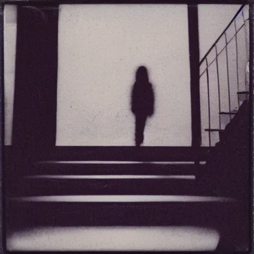 Prompt: a manaquien at the top of a dark stairwell, shadowy, abandoned, old polaroid, blurry photo, expired film,