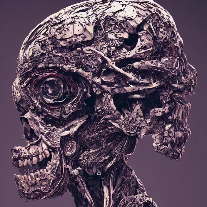 Image similar to portrait of an android skull. razor sharp teeth. infected with zombie virus. intricate abstract. intricate artwork. nightmare fuel. by Tooth Wu, wlop, beeple, dan mumford. octane render, trending on artstation, greg rutkowski very coherent symmetrical artwork. cinematic, hyper realism, high detail, octane render, 8k, iridescent accents