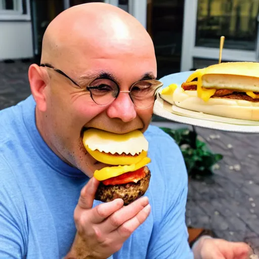 Image similar to a bald old man with no beard, eating a cheeseburger with extra cheese no lettuce and topped with cream