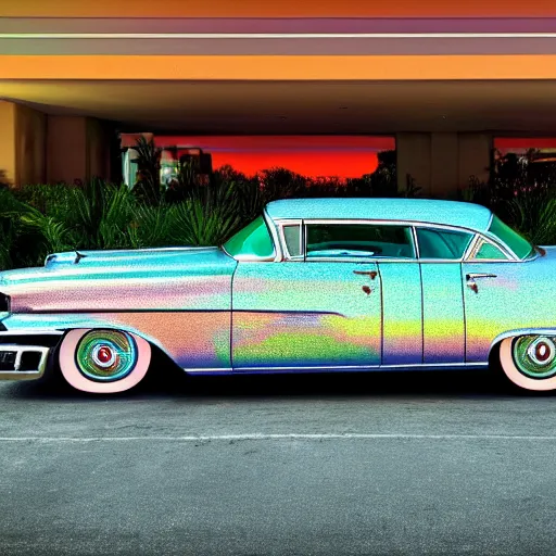 Prompt: photo of a cadillac coupe 1 9 5 7 wrapped like a birthday gift in holographic wrapping paper on a parking place outside a miami art deco hotel, sunset, crisp, 3 5 mm n - 4