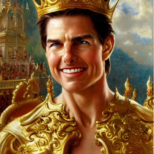 Image similar to tom cruise wearing a golden crown after overcoming his fear or death, standing above a cheering crowd, highly detailed painting by gaston bussiere and j. c. leyendecker 8 k