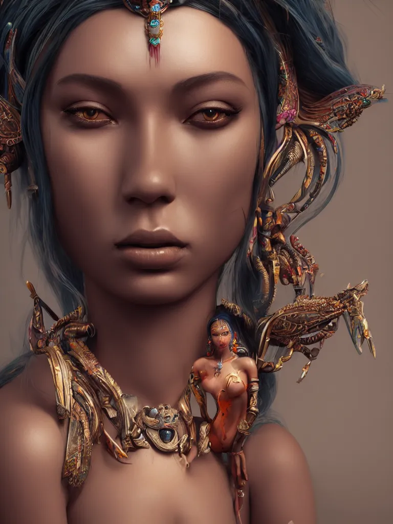 Image similar to a centered render of an alluring tribal goddess full body gorgeous face perfect face powerful, by anna dittmann 3 d trending on artstation, octane render, 8 k