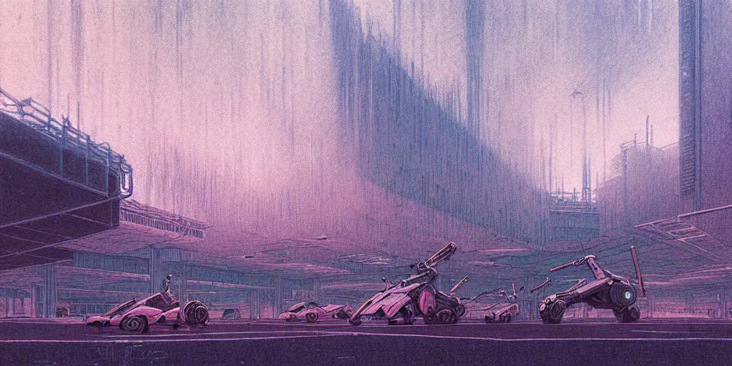 Image similar to grainy risograph matte painting of gigantic huge mech with huge swords, pastel matte colors, staying in the foggy huge parking station, by moebius, hyperrealism, intricate detailed