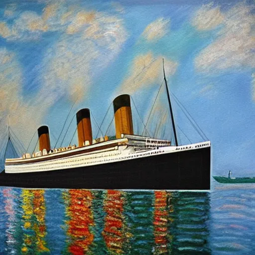 Prompt: a Ken Marshall painting of RMS Titanic in the style of Monet