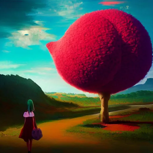 Image similar to giant cherry flower as a head, girl walking in a canyon, surreal photography, sunrise, dramatic light, impressionist painting, colorful clouds, digital painting, artstation, simon stalenhag