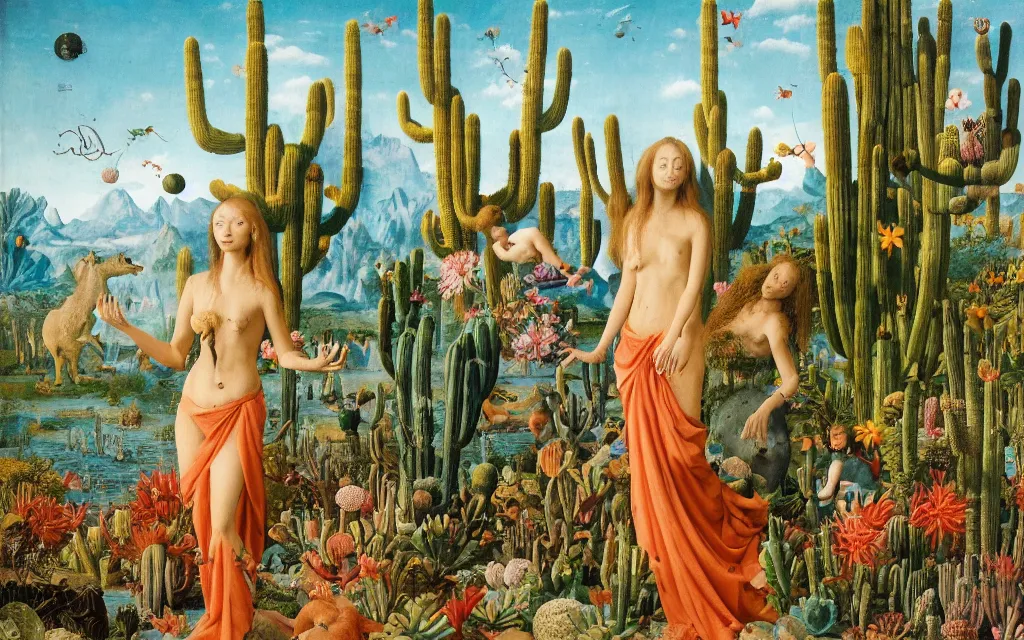 Image similar to a portrait photograph of a meditating mermaid werewolf and a centaur prince feeding tropical animals at a wide river delta. surrounded by bulbous flowers, animals, trees and cacti. mountain range under a vast blue sky of burning stars. painted by jan van eyck, max ernst, ernst haeckel and artgerm, cgsociety, artstation, fashion editorial