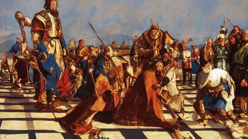 Image similar to checkmate, henry is glad, he is the king on the Volga, there is no shovel anywhere in the court, hyperrealistic lighting style, symmetrical