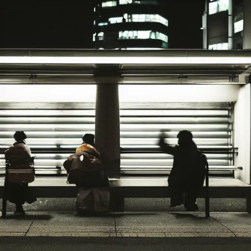 Prompt: a some people waiting in a lone bus stop in quiet dark city night in Genshin Impact, high quality, high resolution,detailed