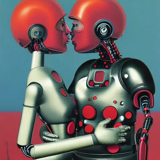 Prompt: portrait of an two robots kissing each other wearing astro helmet with tight black latex dress tight suit by Andy warhol, Edward Hopper and James Gilleard, Zdzislaw Beksinski, Mark Ryden, Wolfgang Lettl highly detailed