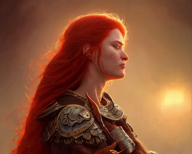 Image similar to highly detailed portrait of a warrior redhead woman, elden ring, stephen bliss, fantasy art by greg rutkowski, loish, rhads, ferdinand knab, makoto shinkai and lois van baarle, ilya kuvshinov, rossdraws, tom bagshaw, global illumination, radiant light, detailed and intricate environment