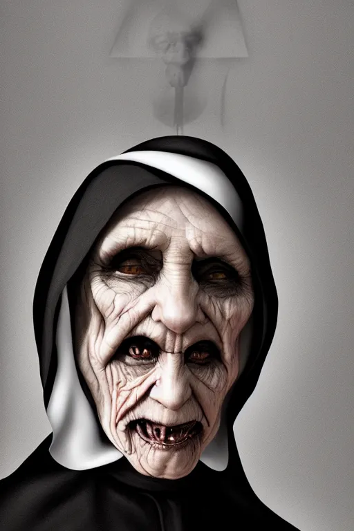 Prompt: portrait, digital painting, an evil old killer nun, black habit, realistic, hyperdetailed, spooky, chiaroscuro, backlit, black background, concept art, art by vermeer