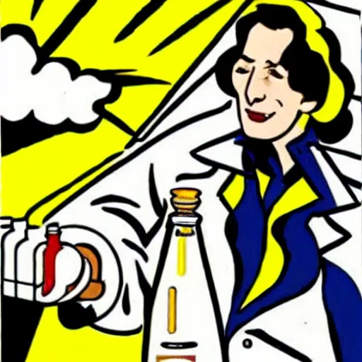 Image similar to a burning chemist in a white coat, roy lichtenstein