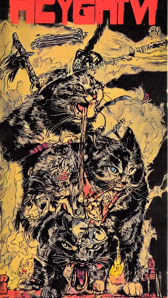 Prompt: 1 9 8 0 s heavy metal magazine illustration of a barbarian cat by ralph bakshi